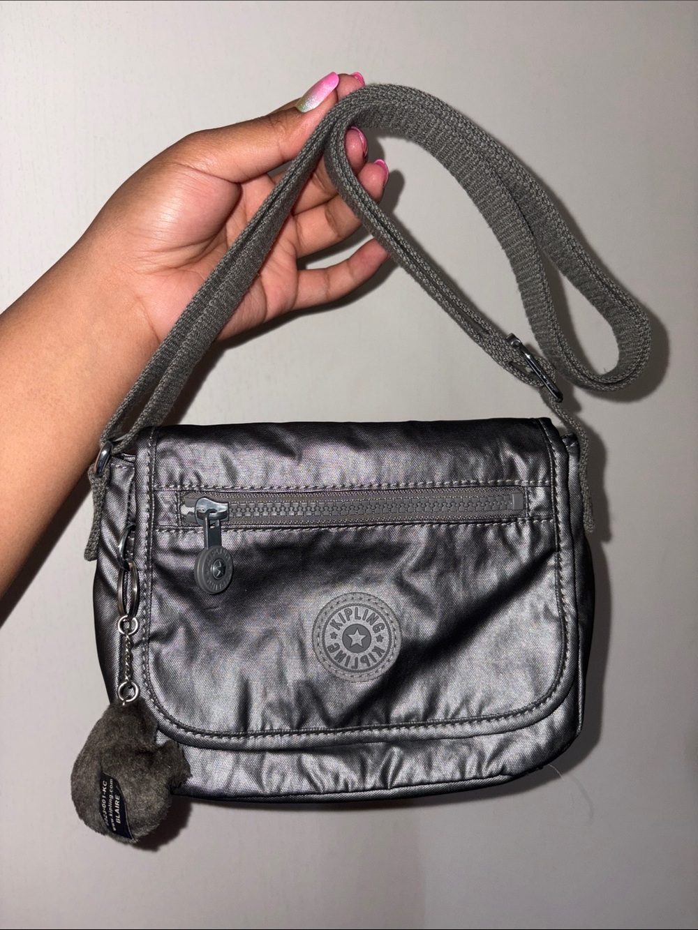 Kipling Metallic Gray Crossbody Bag with Charm